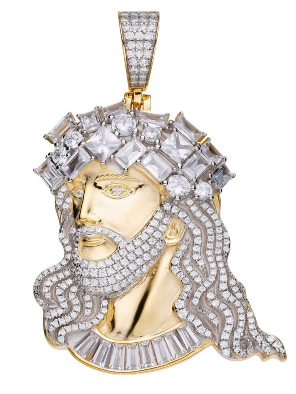 Iced Out Moissanite Jesus Peice Baguette Stones Pendant - 14k Gold Vermil/ 925 S